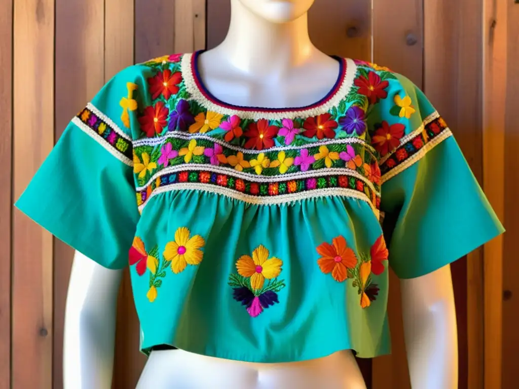 Un huipil mexicano bordado con colores vibrantes y patrones intrincados, reflejando la rica herencia cultural