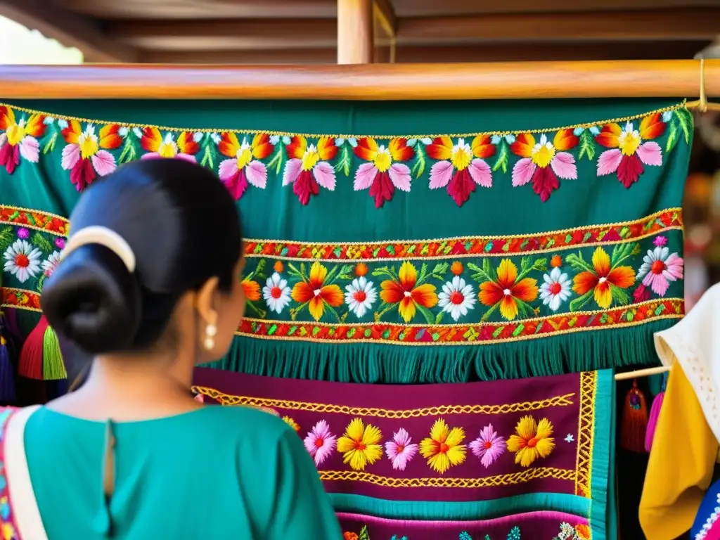 Un huipil mexicano bordado a mano cuelga en un mercado artesanal, irradiando autenticidad y moda étnica en un ambiente vibrante y colorido