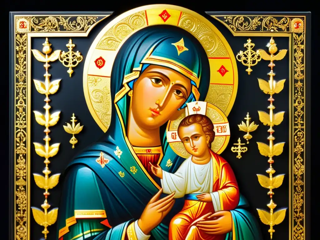 Iconografía religiosa de los ortodoxos: Detallada imagen en 8k de un ícono ortodoxo ricamente decorado, con colores vibrantes y delicados detalles