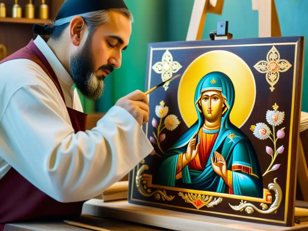 Un iconógrafo ortodoxo pintando con detalle y devoción una iconografía religiosa de los ortodoxos en madera, rodeado de herramientas tradicionales