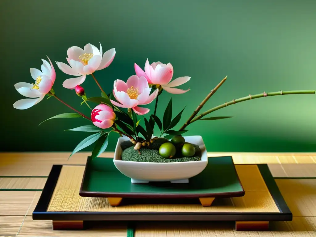 Un ikebana japonés tradicional con flores de cerezo, peonías y brotes de bambú en un jarrón de cerámica