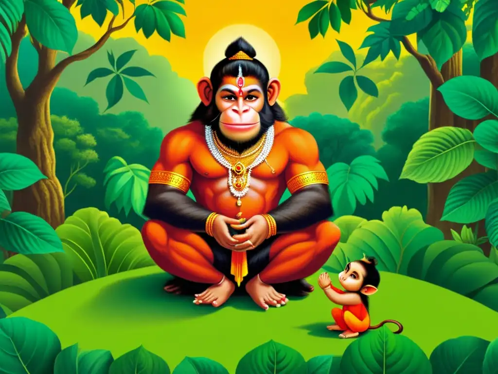 Una ilustración detallada muestra a Hanuman, el dios mono, arrodillado ante Sita en el exuberante bosque de Ashoka