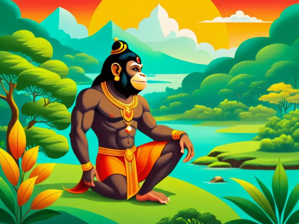 Una ilustración detallada y vibrante de Hanuman ante Sita en el bosque Ashoka, capturando devoción y significado espiritual