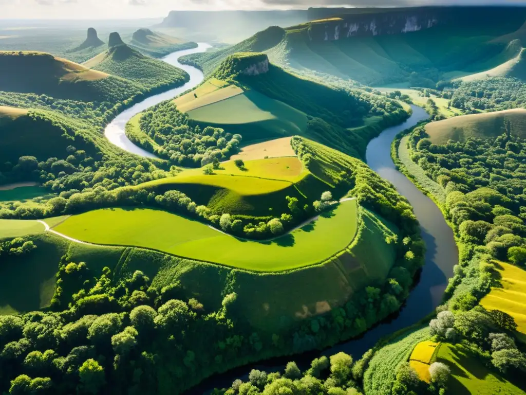 Imagen aérea de paisaje sagrado con colinas verdes, ríos y ruinas antiguas