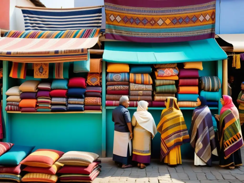 Una imagen de alto contraste con una diversidad de personas vistiendo textiles étnicos en un animado mercado