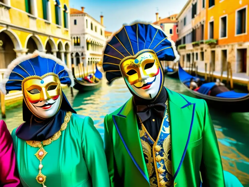 Imagen de la animada cotidianidad en la Venecia local, con un festival en la calle, mascaradas y coloridos trajes, celebrando entre la arquitectura histórica y los canales