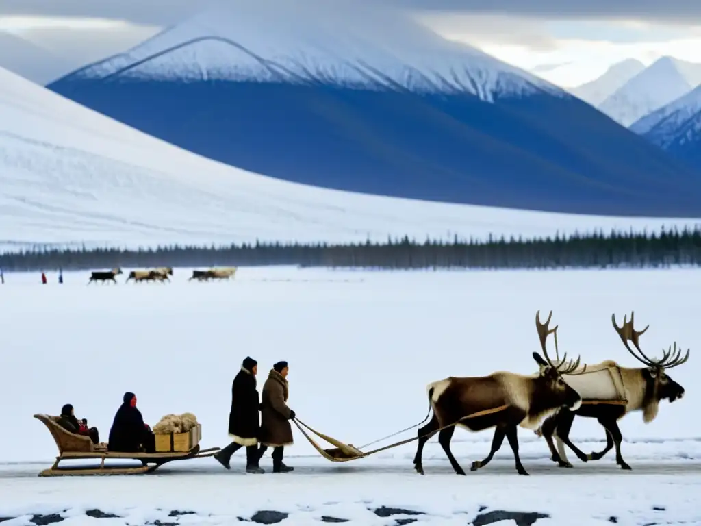 Imagen en blanco y negro de indígenas siberianos cargando un trineo de renos, reflejando la comunicación y transporte en Siberia