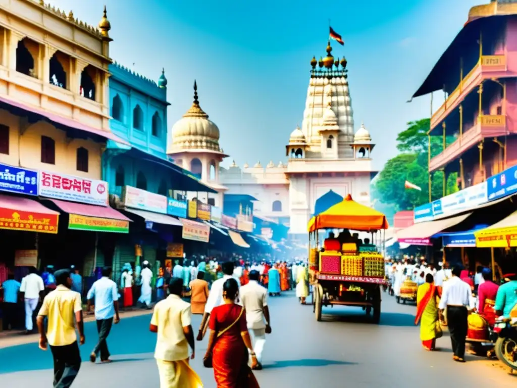 Imagen de una bulliciosa calle en India, con diversas actividades y el Sistema de castas en la India reflejado en la vida diaria