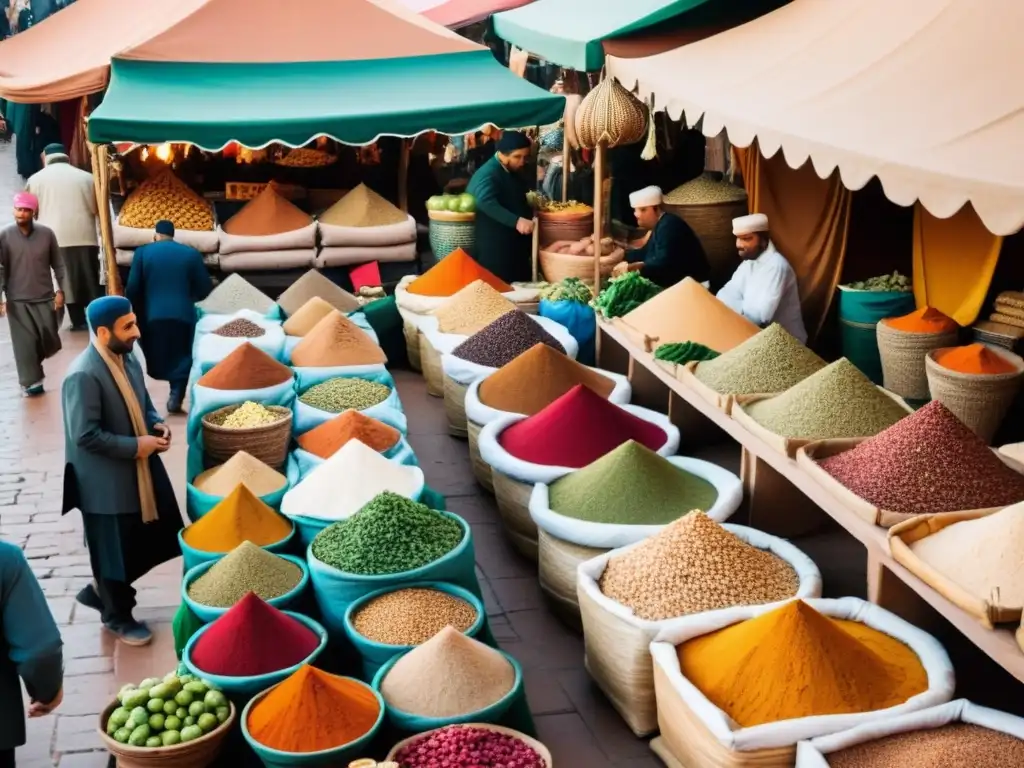 Imagen de un bullicioso mercado al aire libre en Marrakech, Marruecos, con puestos de especias, textiles y productos frescos