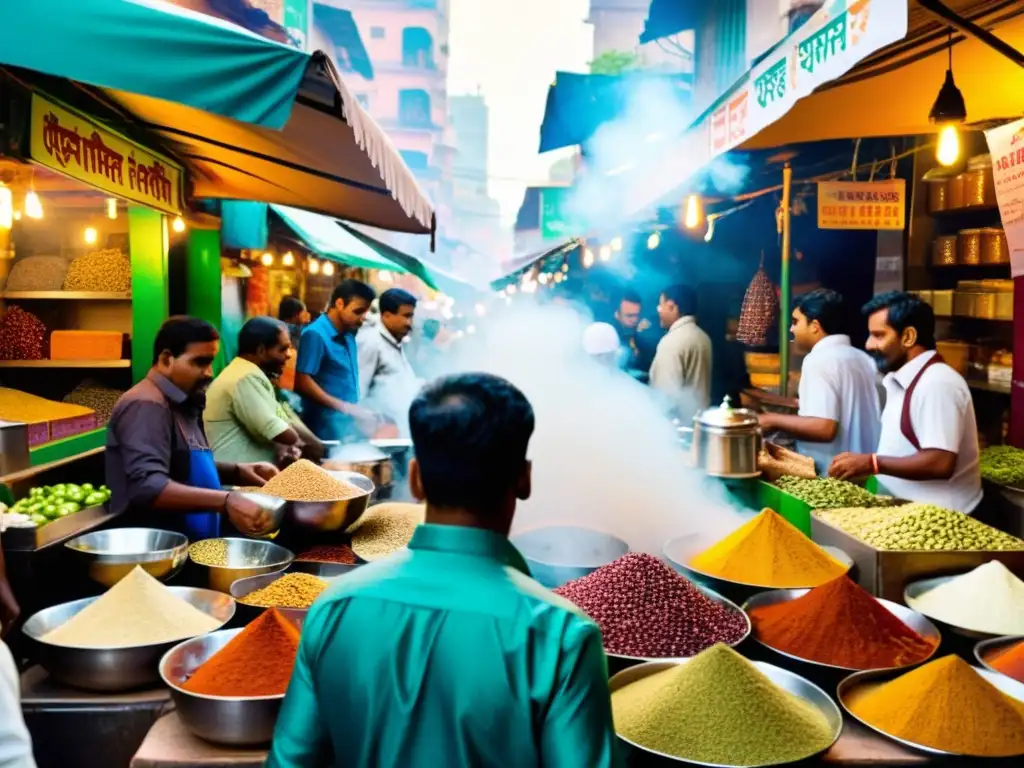 Imagen de un bullicioso mercado callejero en la India, con vendedores ofreciendo especias coloridas y un chai wallah sirviendo masala chai humeante