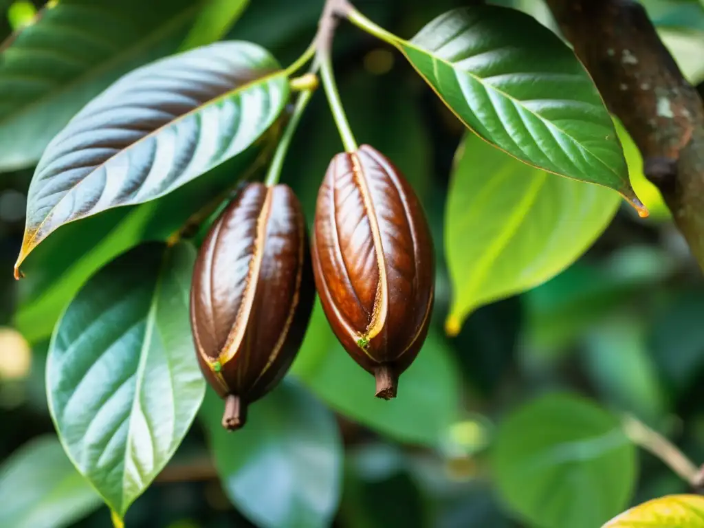 Imagen de cacao en árbol, con hojas verdes, luz solar y gotas de rocío