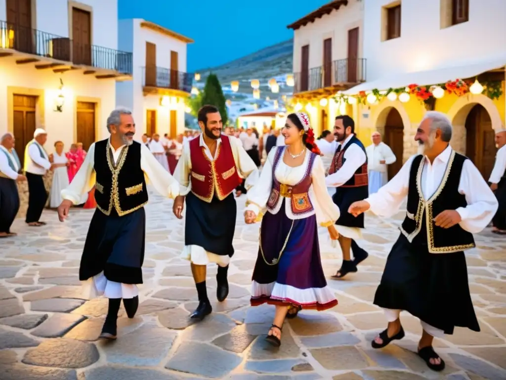 Imagen de la celebración de tradiciones en las Islas Griegas con locales vestidos en atuendos tradicionales, bailando en una animada plaza de pueblo con vestimenta colorida y adornos festivos