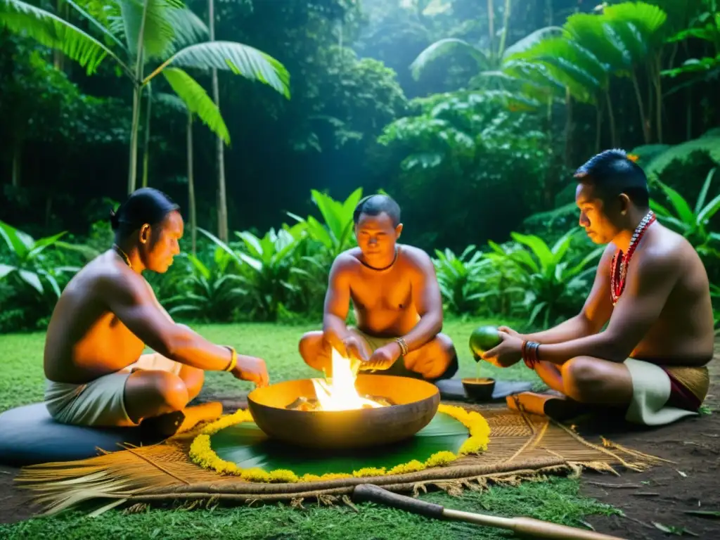 La imagen muestra una ceremonia espiritual de sakau en Pohnpei, con participantes en vestimenta tradicional en medio de la exuberante selva