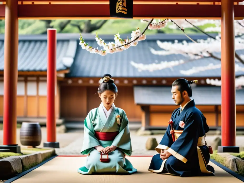 Imagen de la Ceremonia del Genpuku en Japón: joven samurái recibe antiguos rituales en un tranquilo santuario japonés, entre cerezos en flor