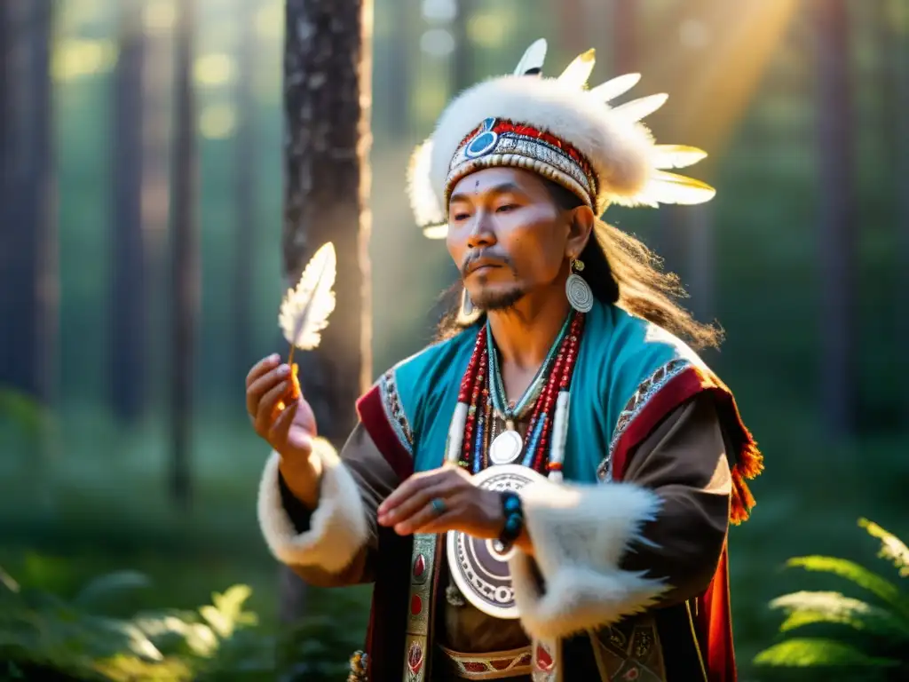 Imagen de un chamán siberiano en un ritual sagrado en un bosque, evocando la espiritualidad de los espacios sagrados rituales siberianos