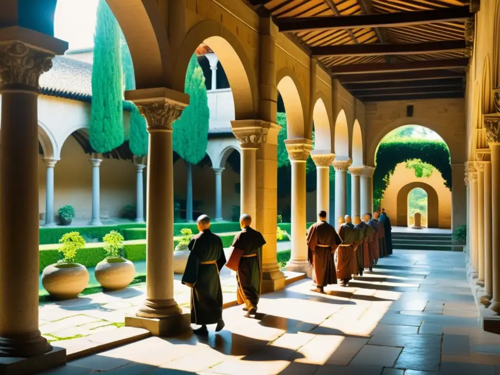 Imagen de un claustro centenario con arcos de piedra, enredaderas y monjes en actividades serenas