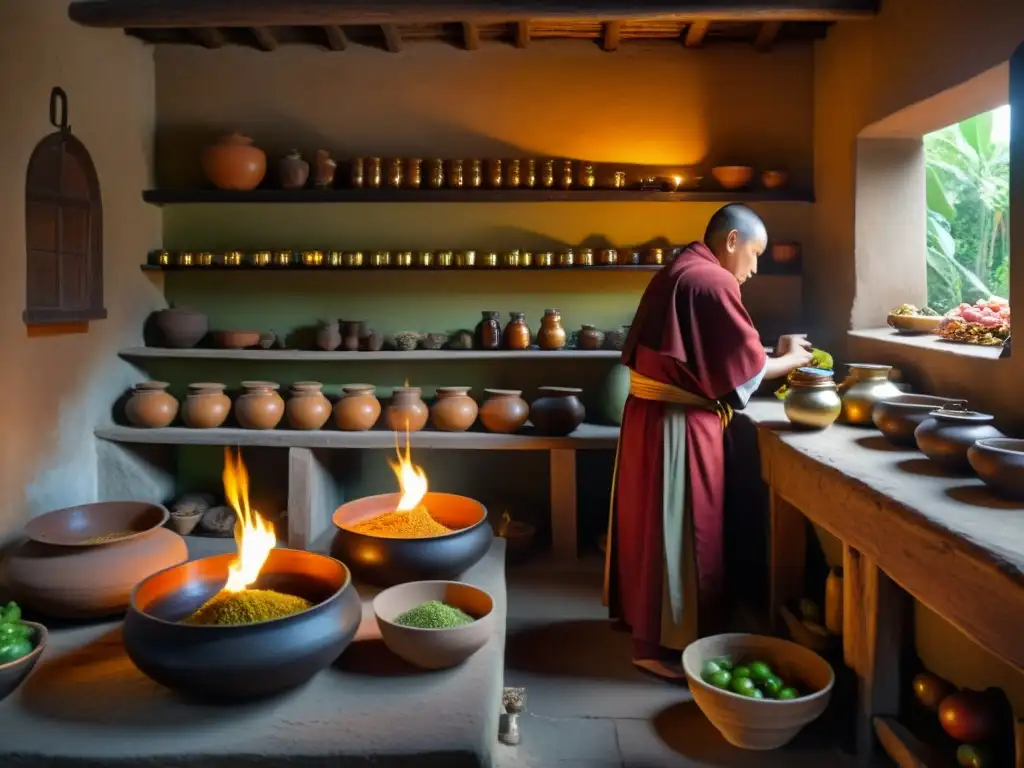 Imagen de una cocina monástica tradicional, donde un monje cuidadosamente prepara sabores mientras la luz de las velas ilumina el lugar