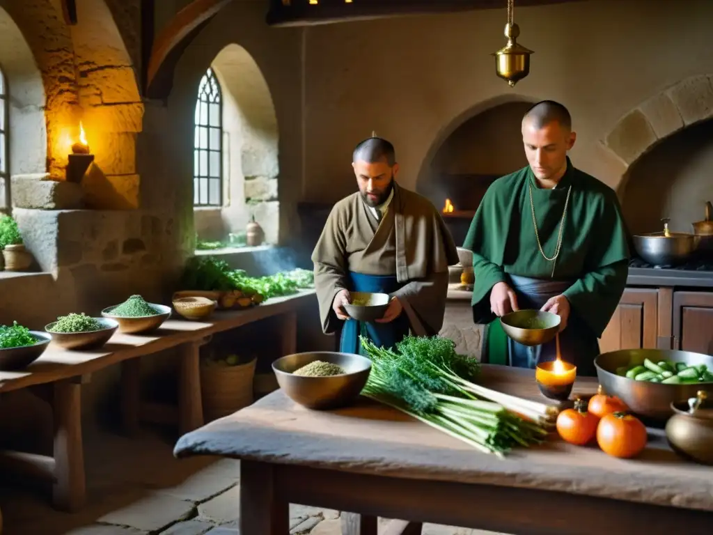 Imagen de una cocina monástica tradicional con sabores ancestrales, monjes preparando platos tradicionales entre velas y sombras tenues