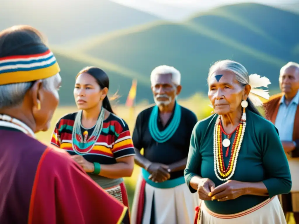 Imagen de comunidad indígena realizando ceremonia tradicional en tierra sagrada, con vestimenta colorida y conexión espiritual con la naturaleza