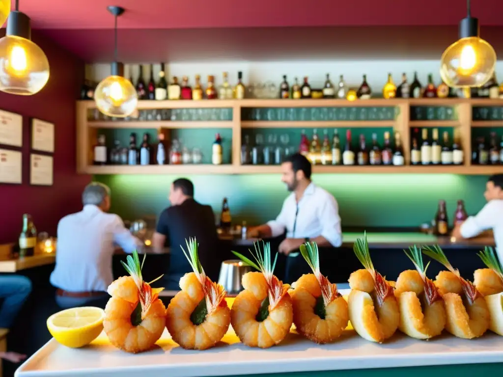 Imagen de la cultura del tapeo en España: un animado bar de tapas con platos coloridos y gente disfrutando de la vibrante atmósfera española