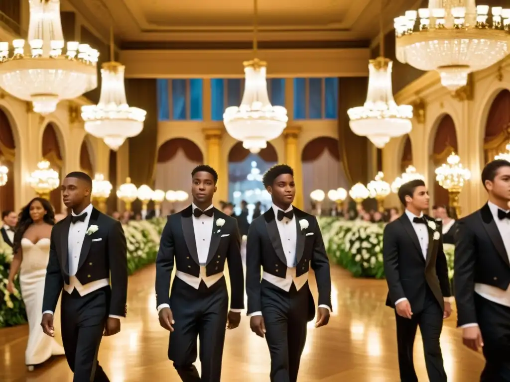 Una imagen de debutantes elegantes en un salón de baile, transmitiendo el significado y evolución de debutantes en la sociedad contemporánea