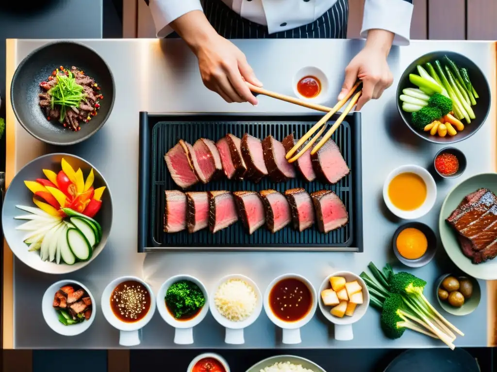 Imagen detallada de una estación de yakiniku japonesa tradicional, con un chef preparando cortes de wagyu y vegetales frescos