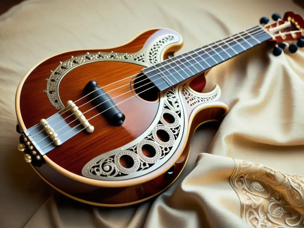 Una imagen detallada de un sitar, mostrando la exquisita talla y decoración en el mástil y caja de resonancia