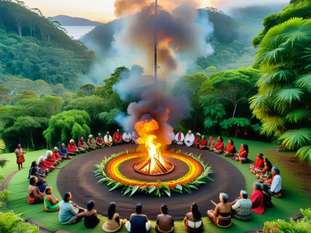 Imagen detallada de un festival de agradecimiento en pueblos originarios, con personas vestidas con atuendos tradicionales en un bosque exuberante