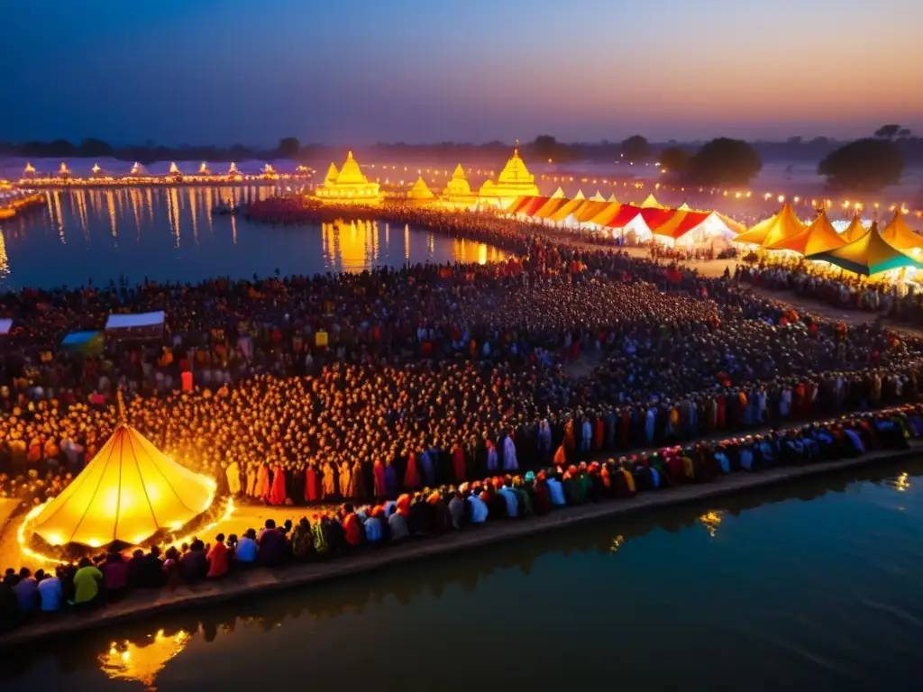 Imagen detallada del festival Kumbh Mela en India, con millones de peregrinos, coloridos rituales y una atmósfera espiritual única