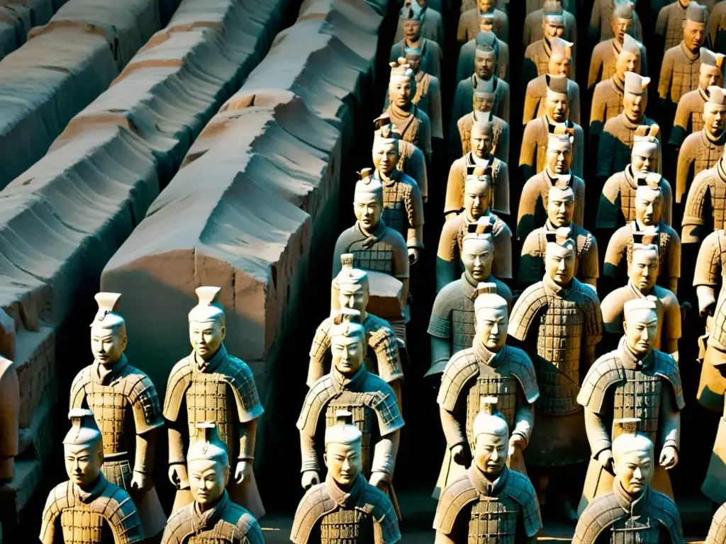 Imagen detallada de los Guerreros de Terracota Xi'an, con soldados de arcilla y patina antigua, evocando su grandeza histórica