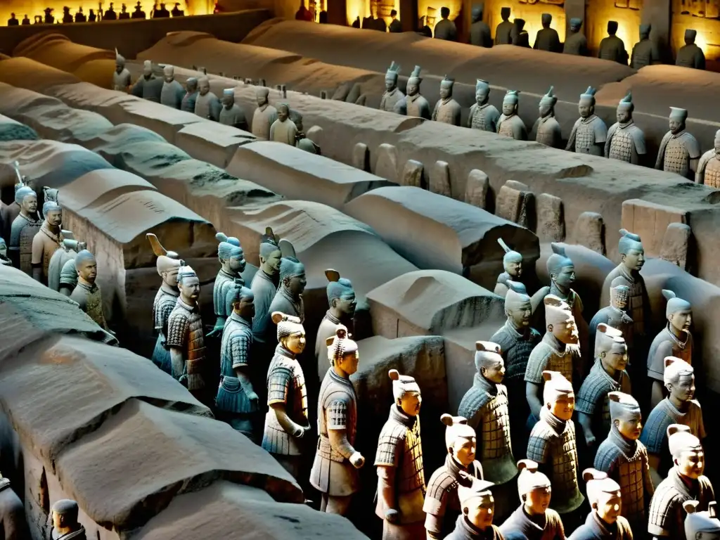 Imagen detallada del Mausoleo de los Guerreros de Terracota en Xi'an, mostrando la impresionante escala y expresiones de las antiguas esculturas