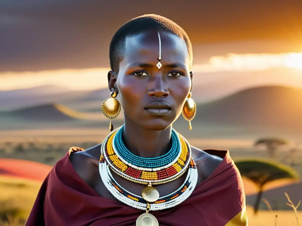 Imagen detallada de una mujer de la tribu Maasai en África, vistiendo ropa tradicional con simbolismo cultural