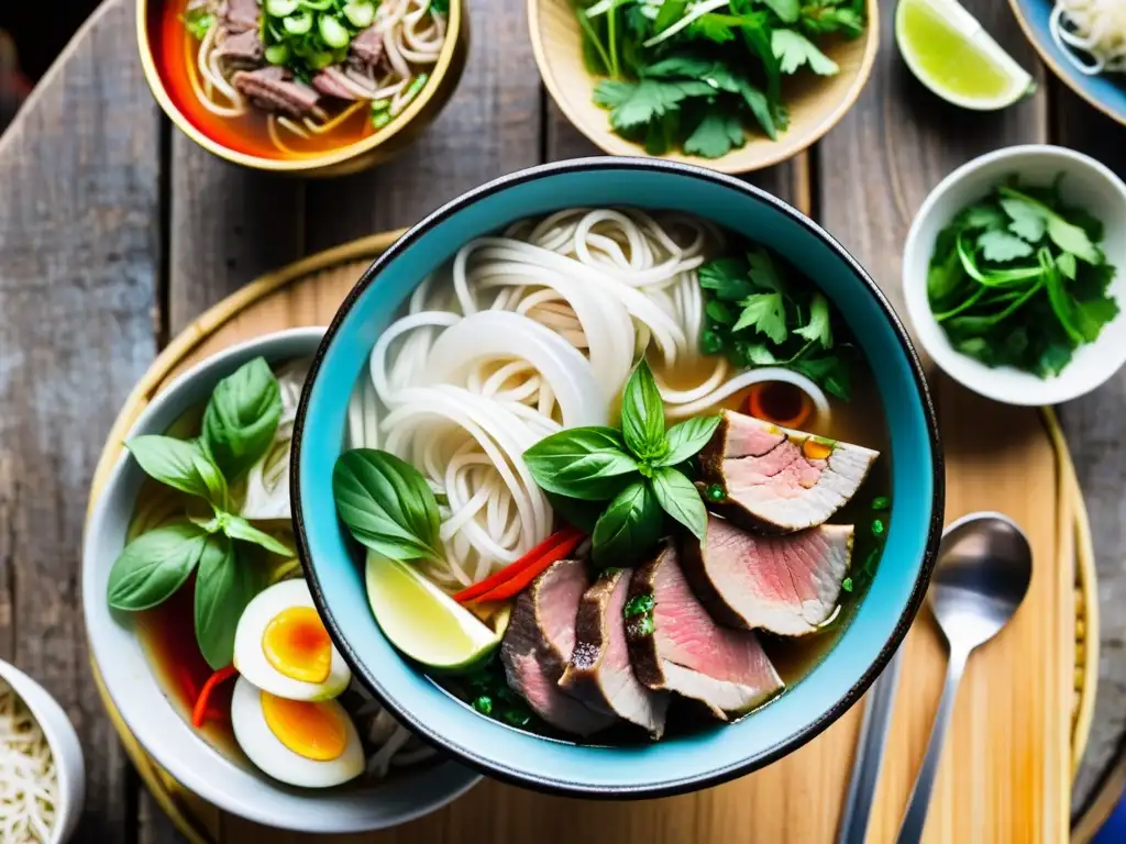 Una imagen detallada de un tazón de pho vietnamita en un bullicioso mercado callejero de Hanoi, capturando la esencia de las sopas tradicionales de diferentes países