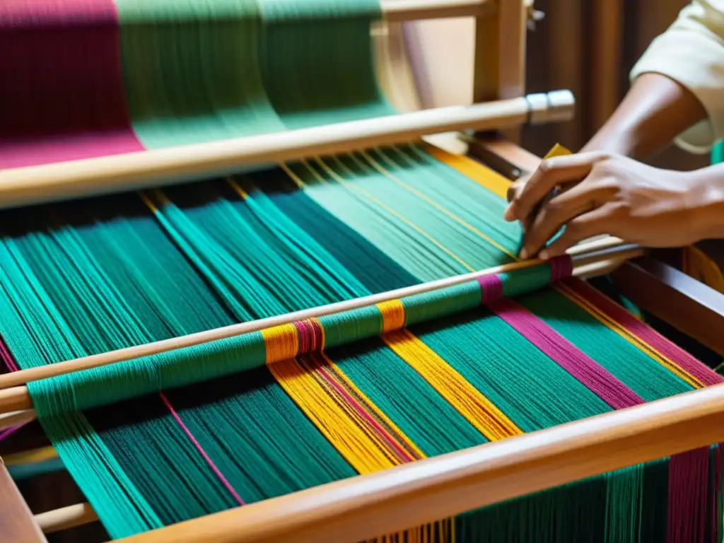 Imagen detallada de un tejido étnico en telar tradicional, reflejando la historia y la artesanía de la moda étnica en mercados tradicionales