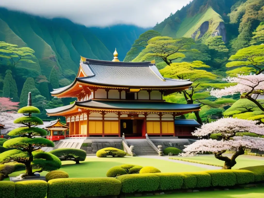 Imagen detallada de un templo budista japonés rodeado de montañas verdes, con arquitectura de madera y tejado adornado