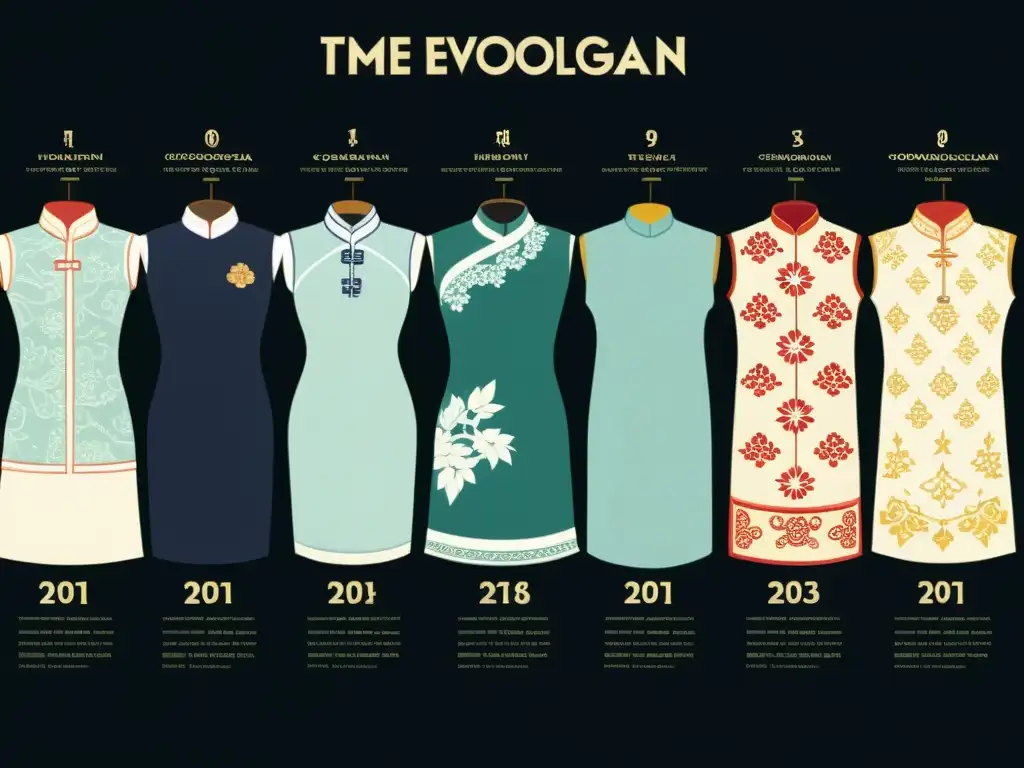 Una imagen detallada y vibrante que muestra la evolución del Cheongsam a lo largo de los siglos, con colores ricos y detalles intrincados