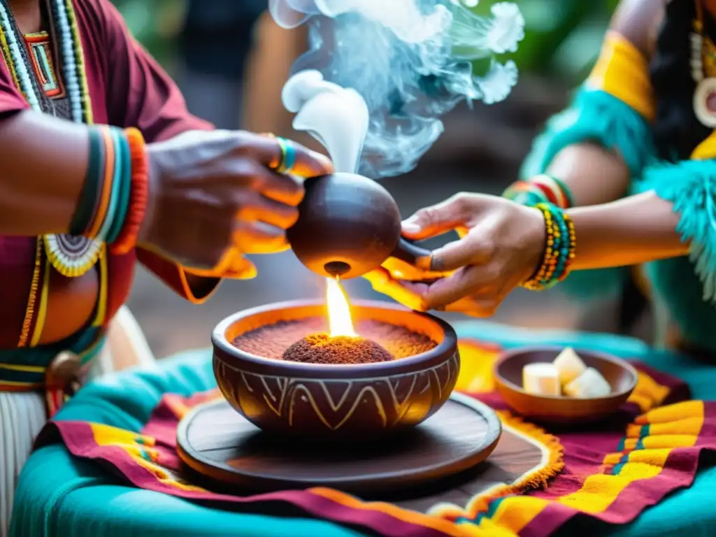 La imagen muestra un detallado ritual mesoamericano del cacao, con un chamán sirviendo una bebida de chocolate espumosa en un recipiente tradicional a una taza tallada