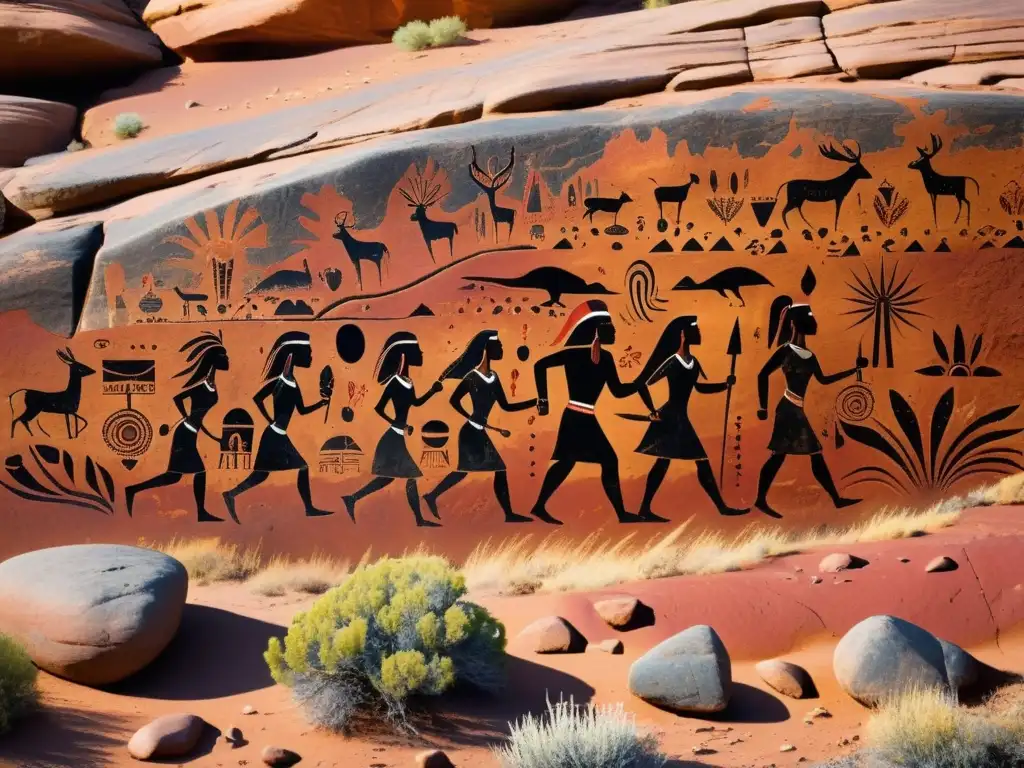 Imagen documental de arte rupestre nativo americano sagrado en desierto, con petroglifos y pictografías detalladas en roca roja y ocre