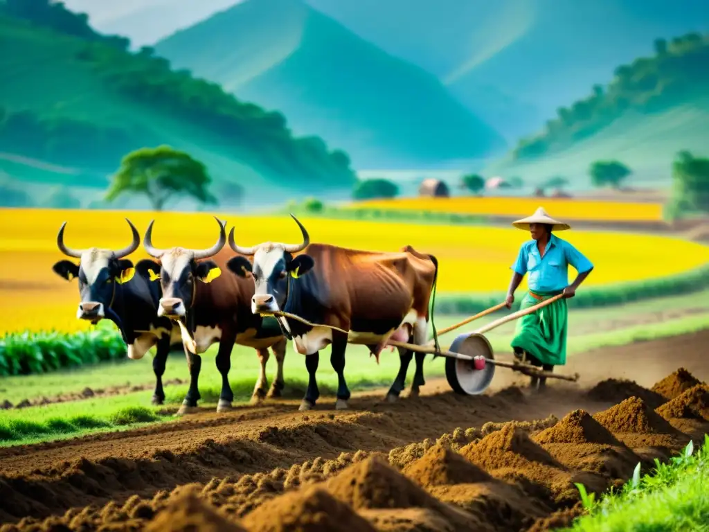 Campesinos trabajando la tierra: Tradición rural en colores vivos Imagen de documental: campesinos trabajando en el campo con bueyes, ropa tradicional y paisaje rural encantador