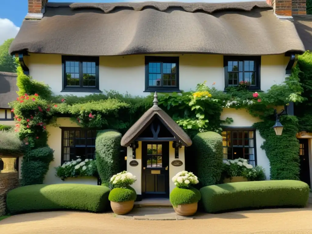 Imagen documental de alta resolución de la histórica posada The Olde Bell en Inglaterra, con su arquitectura antigua y encantador entorno