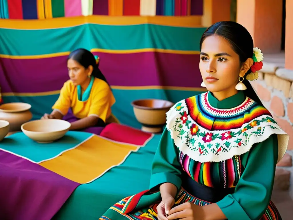 Imagen documental de mujeres zapotecas en Oaxaca, con bordados vibrantes y textiles coloridos, transmitiendo la rica tradición zapoteca