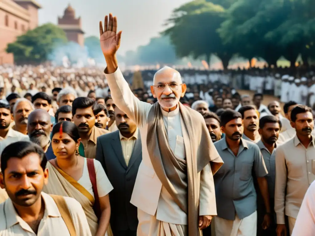 Imagen documental de Mahatma Gandhi liderando una protesta pacífica, rodeado de una multitud diversa con carteles de paz y resistencia