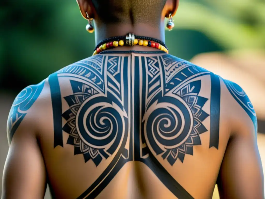 Una imagen documental de alta resolución muestra un primer plano de una espalda con intrincados tatuajes tribales