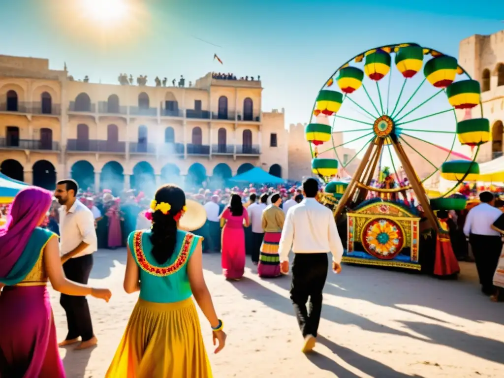 Imagen documental de la vibrante Fiesta de la Noria en Siria, con gente celebrando y coloridos atuendos tradicionales