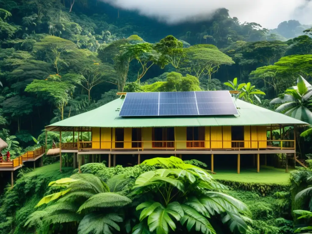 Imagen de un ecolodge sostenible en la exuberante selva, donde la cultura indígena y la naturaleza coexisten en armonía