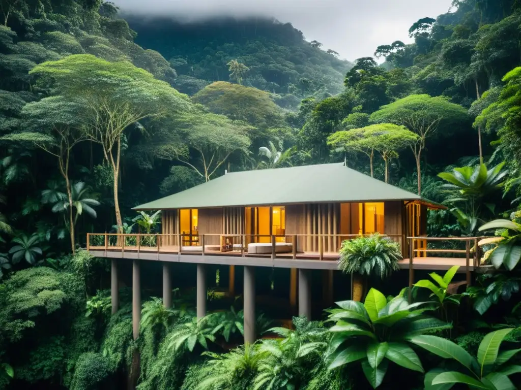 Imagen de un ecolodge sostenible en la selva, con flora diversa, arroyo y arte indígena