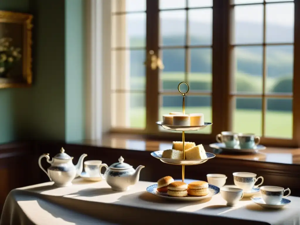 Imagen de un elegante ritual del té en una mansión británica con fina vajilla y participantes sofisticados