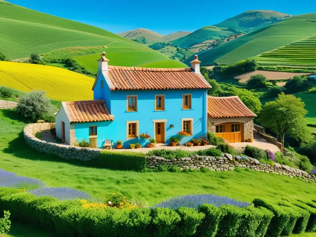 Encantadora casa rural entre colinas verdes Imagen de una encantadora casa rural tradicional en medio de verdes colinas, con un vibrante jardín y un cielo azul brillante