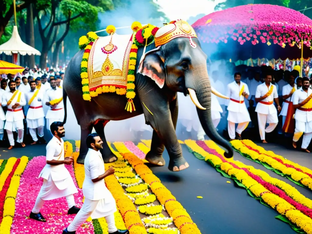 En la imagen se muestra el esplendoroso desfile del Festival Onam en Kerala, con un elefante majestuoso y bellamente decorado liderando la procesión