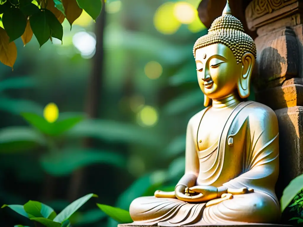 Imagen de una estatua de Buda en un templo de Myanmar, rodeada de exuberante vegetación